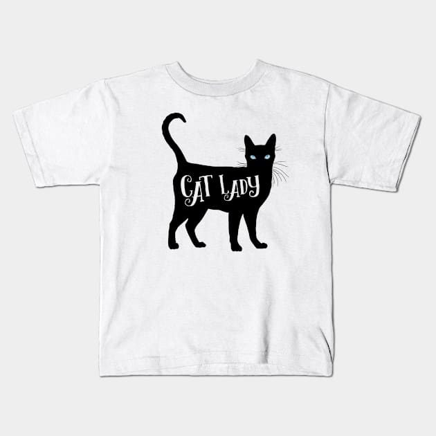 Cat Lady in Black Cat Silhouette Blue Eyes Kids T-Shirt by CarleahUnique